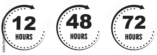 12, 24, 48 and 72 hours clock arrow icon isolated on white background. EPS 10