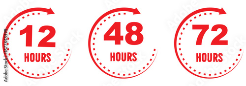 Set Blue clock icons with 12, 24, 48, and 72 hours, modern timer and deadline symbols for delivery, shipping, express service, schedule, countdown, business. EPS 10