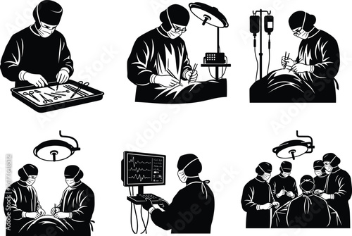 Surgical team performing operation, surgeons in sterile gowns, medical instruments, operating room, surgery procedure, 