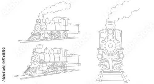 Vintage Steam Train Outlines Classic Locomotive Illustrations for Transportation and Nostalgia