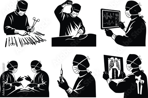 Surgical team preparing tools, performing operation, monitoring vital signs, injecting medication, 
