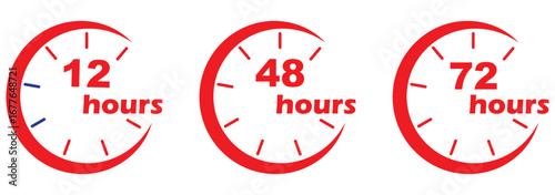 Set Blue clock icons with 12, 24, 48, and 72 hours, modern timer and deadline symbols for delivery, shipping, express service, schedule, countdown, business. EPS 10