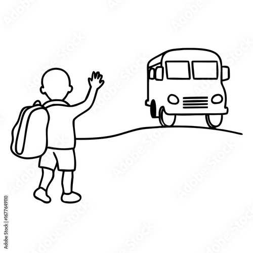 A boy waiting for a bus with a backpack and waving