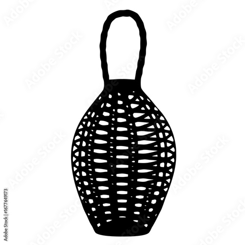 Handmade Woven Fishing Basket Vector Icon, decorative bucket icon
