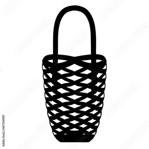 Handmade Woven Fishing Basket Vector Icon, decorative bucket icon
