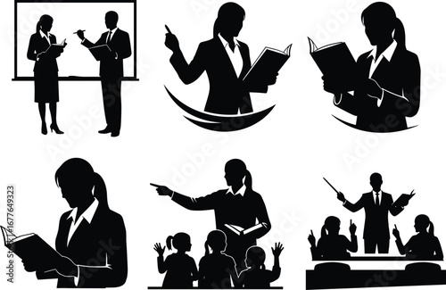 Teacher instructing students, educational classroom scene, woman reading book, children learning, school teaching, classroom interaction, education and learning concept