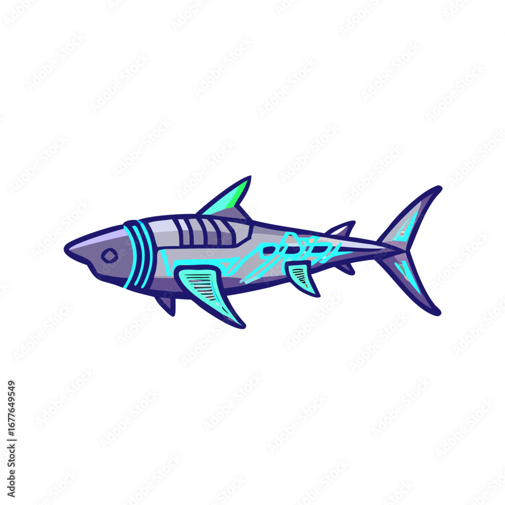 Fototapeta premium Cyberpunk shark with armored glowing plates