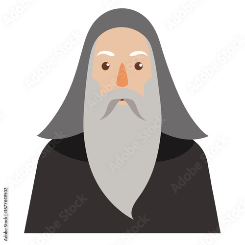 Stylized illustration of an old man with a long gray beard and hood