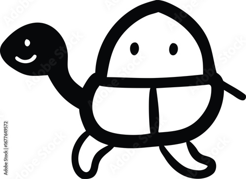 Black Silhouette of a Cute Cartoon Turtle with a Smiling Face on a White Background tortoise animal