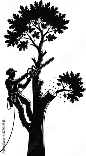 Arborist cutting tree branches with chainsaw, professional tree trimming, tree worker silhouette, forest maintenance, safety gear, climbing, pruning work