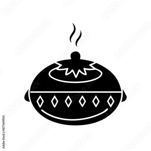 Black and white illustration of a covered dish with steam rising