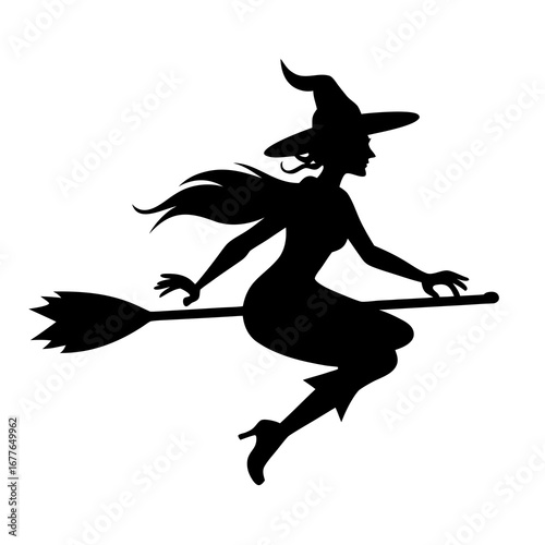 Silhouette of a witch flying on a broomstick with flowing hair