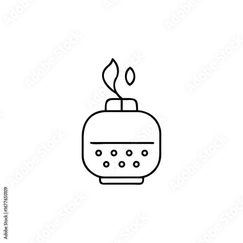 Minimalist line drawing of aroma diffuser with essential oil and flame