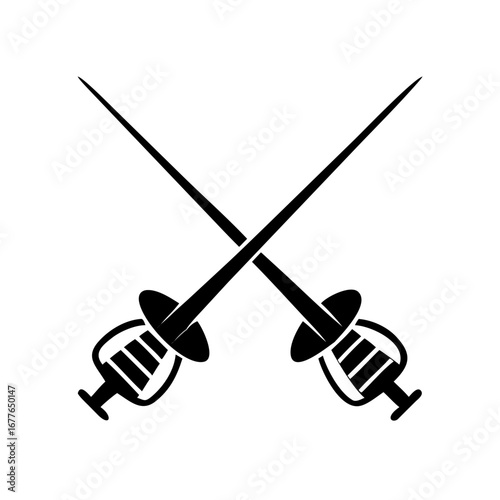 Two crossed rapiers depicting medieval dueling in simple black and white
