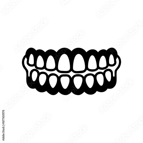 Cartoonish dentures with upper and lower teeth in stark black and white