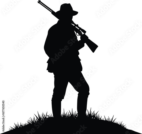 Hunter silhouette with rifle, man hunting, hunter standing on grass, hunting outdoors, hunting gear, wildlife hunter, hunting scene, silhouette hunter, hunting rifle, outdoor hunter, hunting posture