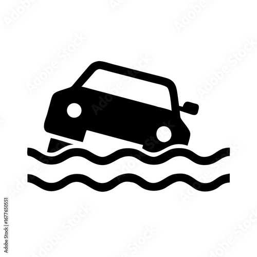 Flood Warning Icon with Car in Water, Danger of Flooding Disaster