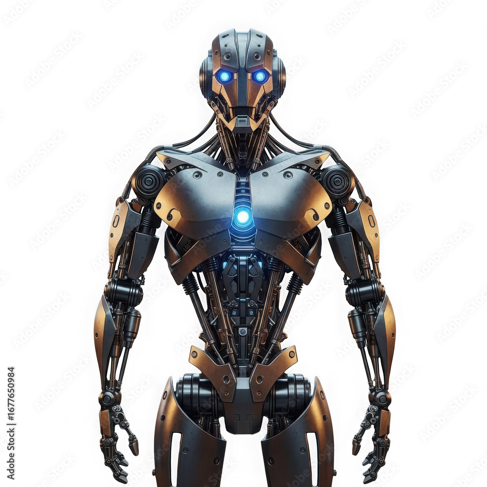 Fototapeta premium Advanced mechanical robot cyborg with glowing blue eyes and intricate details standing prominently transparent background