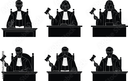 Judge with gavel sitting at courtroom bench, legal authority, justice, law enforcement, courtroom scene, judicial system, decision making, court hearing