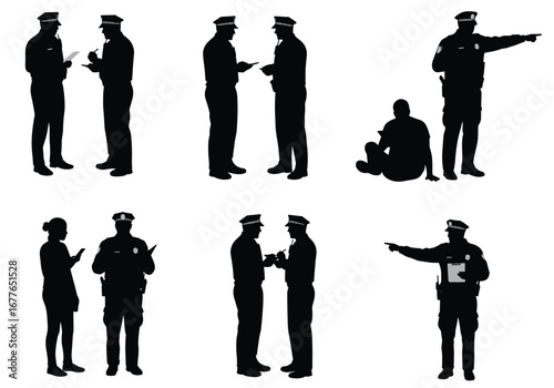 Silhouettes of police officers interacting, investigating, directing, using notepads, communication devices, crime scene, law enforcement, security, public safety, police teamwork
