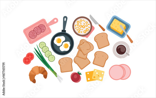 Meal Served on Plate. Set of healthy different breakfast, lunch and dinner. Tasty food and drink isolated on white background. Vector illustration