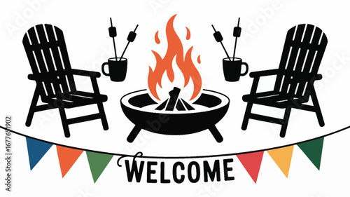 A graphic illustration of a campfire scene with chairs marshmallows and a welcome banner design