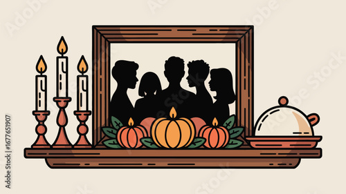 A mantelpiece decorated with candles, pumpkins, a framed silhouette, and a covered serving dish