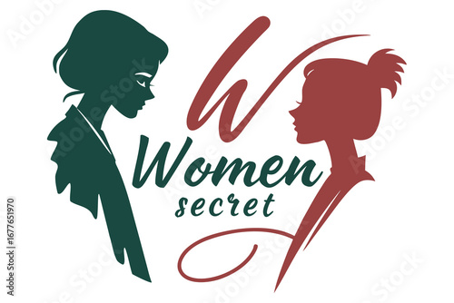 Two female silhouettes in profile facing each other with text and abstract shapes women