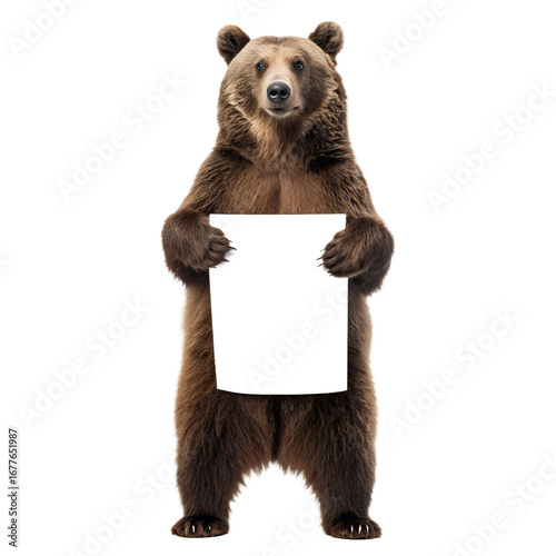 A realistic brown bear standing upright holding a blank black sign isolated on transparent background