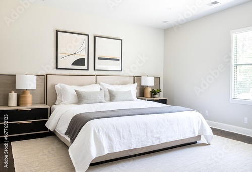 A bedroom with a large bed and two nightstands.