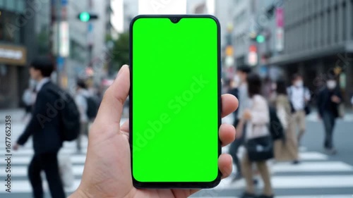 Wallpaper Mural Smartphone with green screen in front of a busy pedestrian crossing. Torontodigital.ca