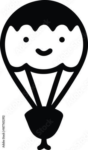 Simple Black Silhouette Icon of a Parachute with a Smiling Face on White Background skydiving falling