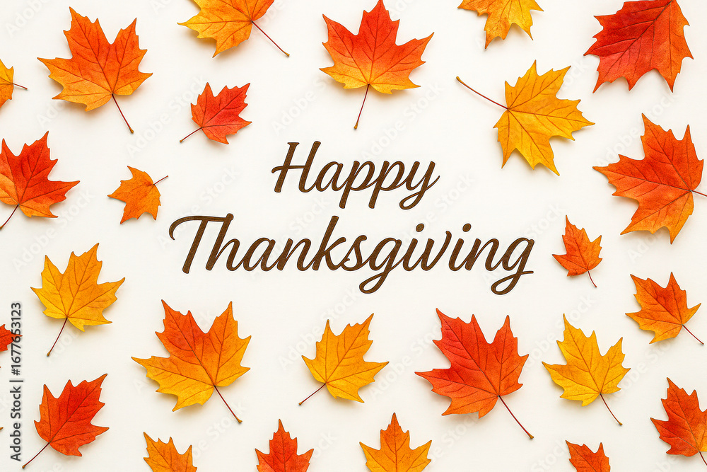 Obraz premium Simple Thanksgiving greeting with bright red, orange, and yellow autumn maple leaves scattered across a neutral background surrounding the central “Happy Thanksgiving” message, ideal for holiday cards