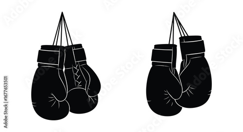 Two Pairs of Boxing Gloves Hanging Black and White Sport Illustration