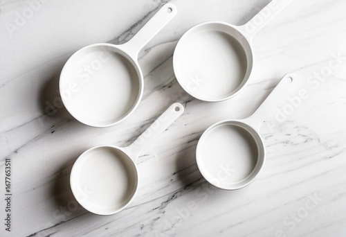 A group of white measuring cups sitting on top of a table.