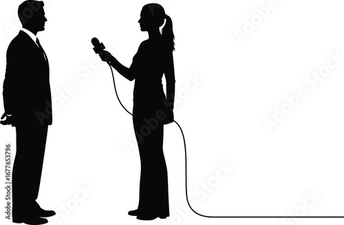 Woman interviewing man silhouette, reporter and interviewee, journalist and businessman