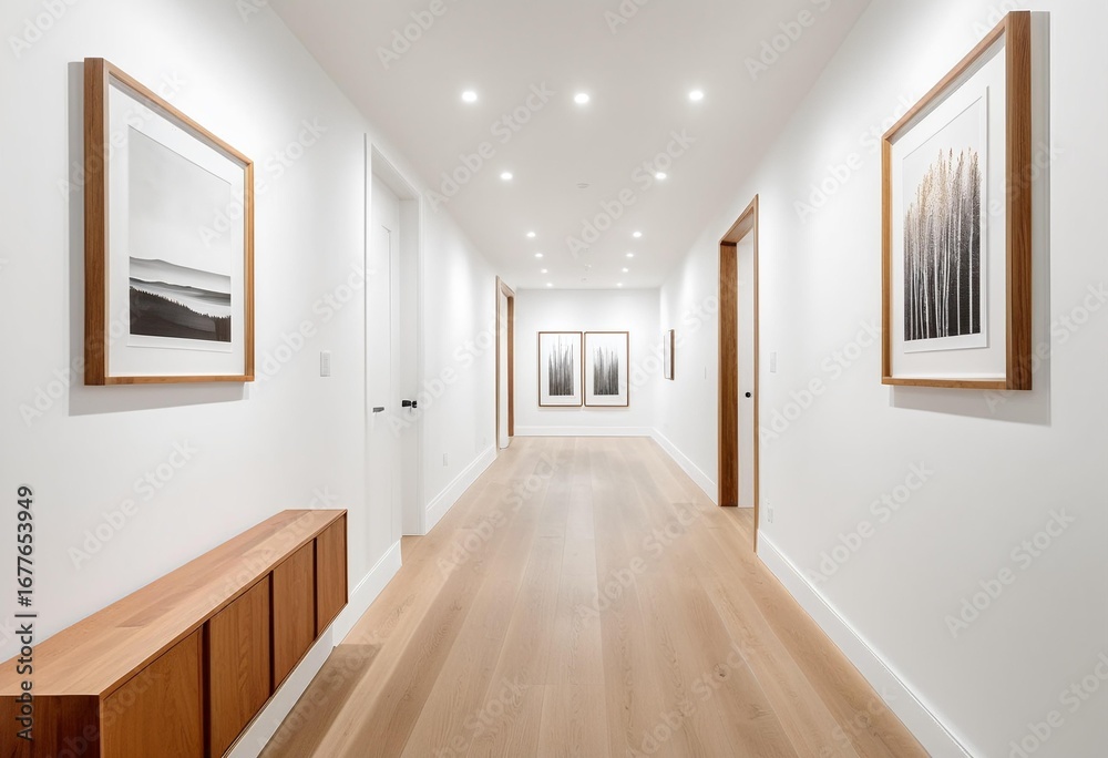 Fototapeta premium A long hallway with pictures hanging on the wall.