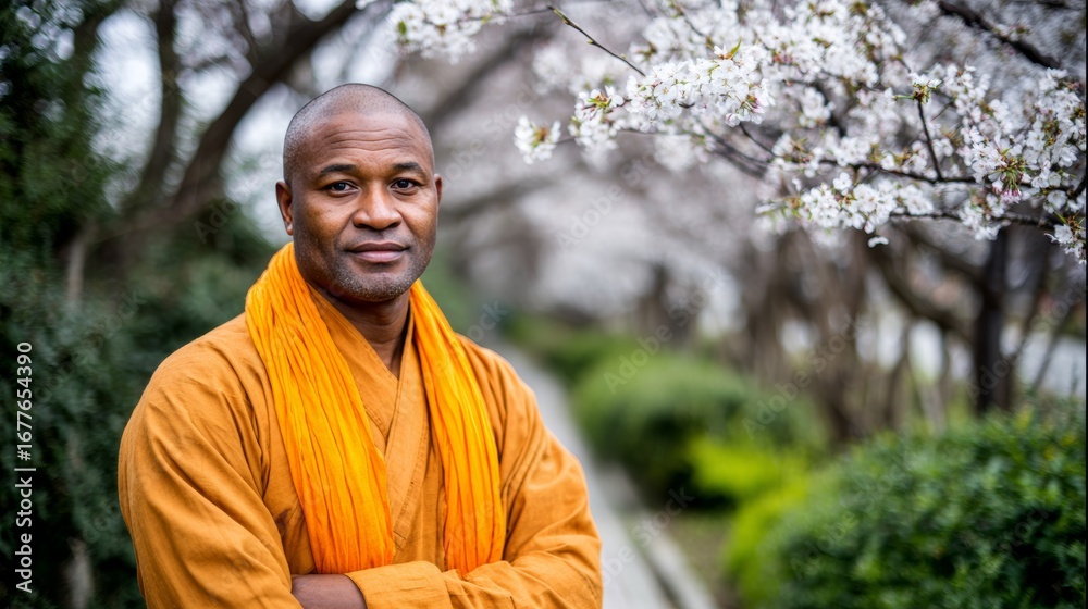 Fototapeta premium A calm monk in an orange robe stands with arms crossed amidst cherry blossoms, perfect for spirituality, peace, and nature themes.
