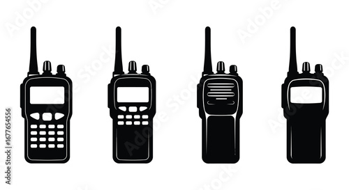 Four different walkie talkie designs in black silhouette on a white background