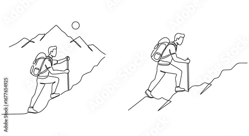 Line Art Illustration of Hiker Climbing Mountain with Backpack and Walking Stick