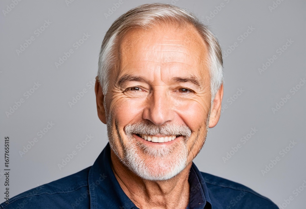 Fototapeta premium A smiling older man in a blue shirt.