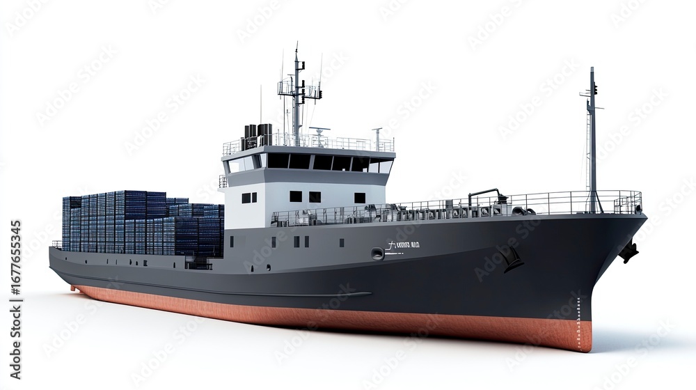 Fototapeta premium Grey cargo ship loaded with containers isolated on White Background displaying its name Laurel Alto
