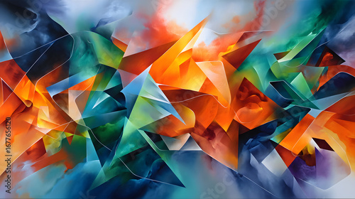 A dynamic abstract painting featuring bright geometrc forms like triangles anddiamonds in energetic colos such as orange, green, ad blue.