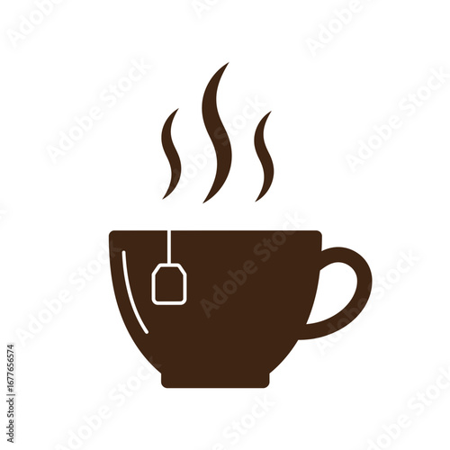 Steaming hot cup of tea with a tea bag and rising steam, perfect for beverage and comfort