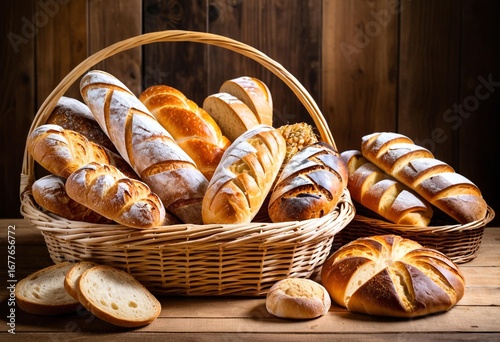 A basket filled with lots of different types of bread.