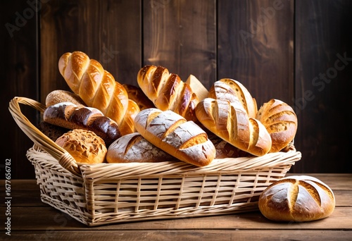 A basket filled with lots of different types of bread.