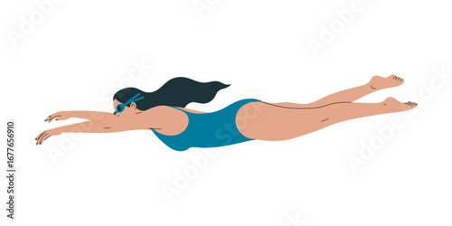 A woman gracefully glides through the water, wearing a sleek blue swimsuit and goggles, embodying the freedom and serenity of swimming in this vibrant, flat-design illustration