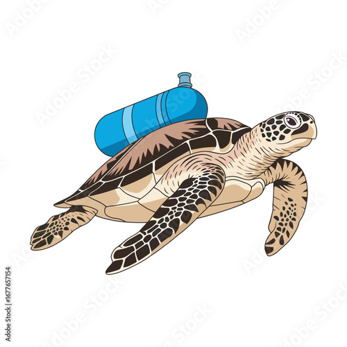 Sea turtle with scuba tank illustration for underwater adventure, ocean life and marine diving