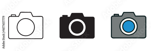 Three stylized camera icons in outline black and gray with blue lens