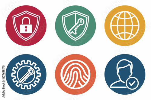 Vector art of security icons set of shield, world, key, fingerprint, man